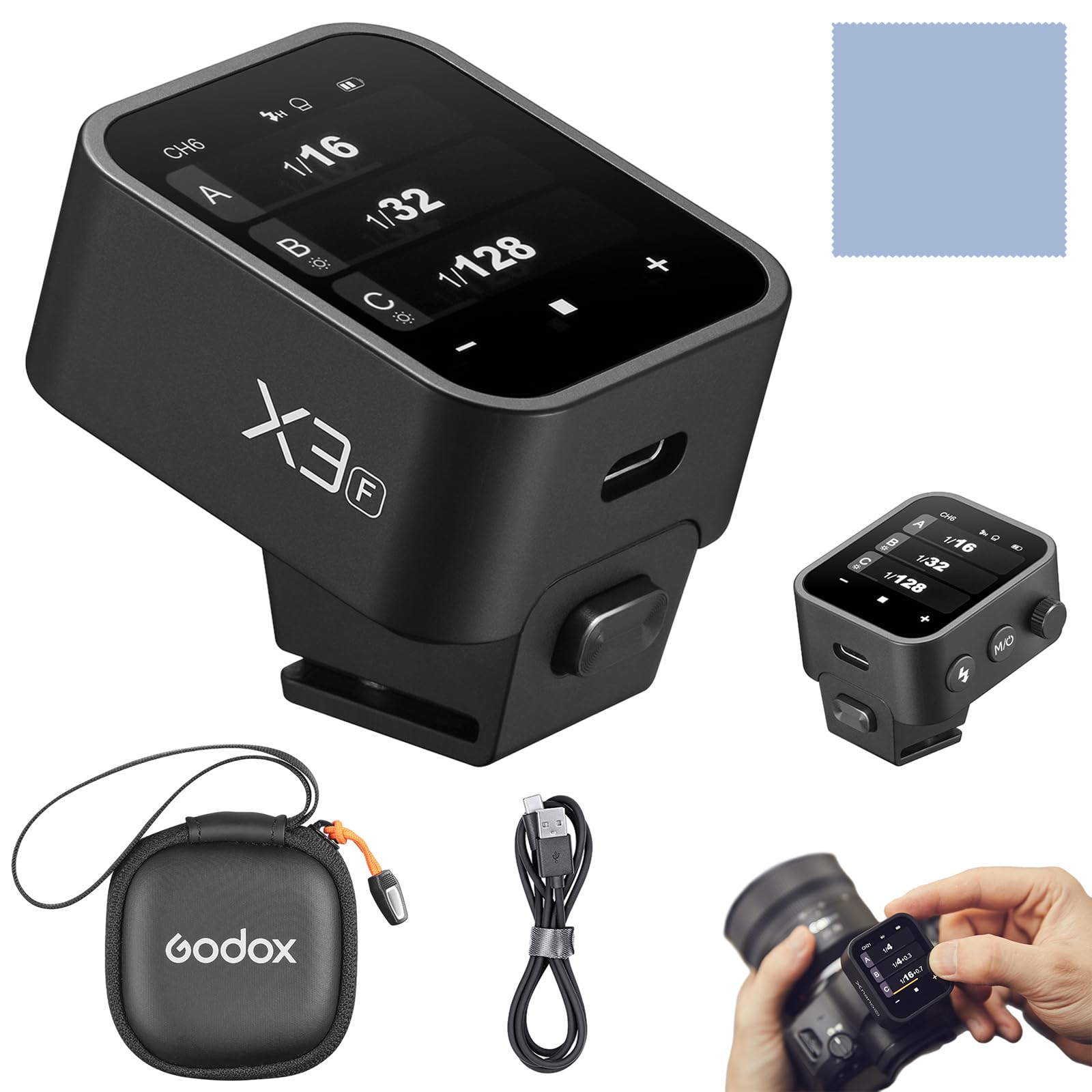 GODOX X3-F 2,4 G Wireless Flash Trigger Blitzauslöser TTL-Autoflash mit großem OLED-Bildschirm, mehrere Blitzmodi 32 Kanäle, 16 Gruppen mit Aufbewahrungstasche kompatibel mit Fujifilm-Kameras