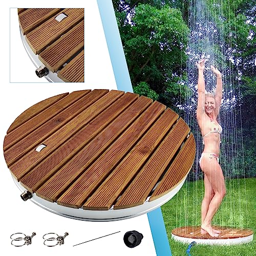 @tec Gartendusche Aussendusche aus massivem Teak-Holz, Mobile Bodendusche Campingdusche, Sauna- & Pool-Dusche rund mit Bodenplatte für den Garten, Outdoor Shower