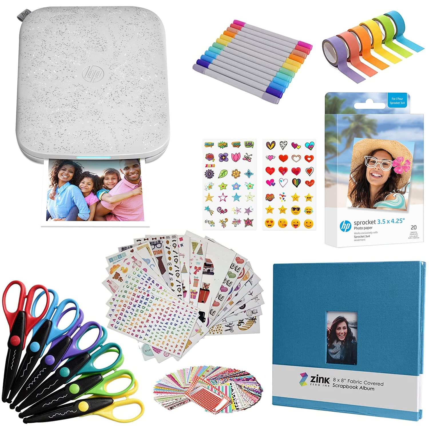 HP Sprocket 3x4 Instant Photo Printer - Kit: 20 Pack Zink Papier, Schere, Scrapbook Album, Marker, Sticker Sets