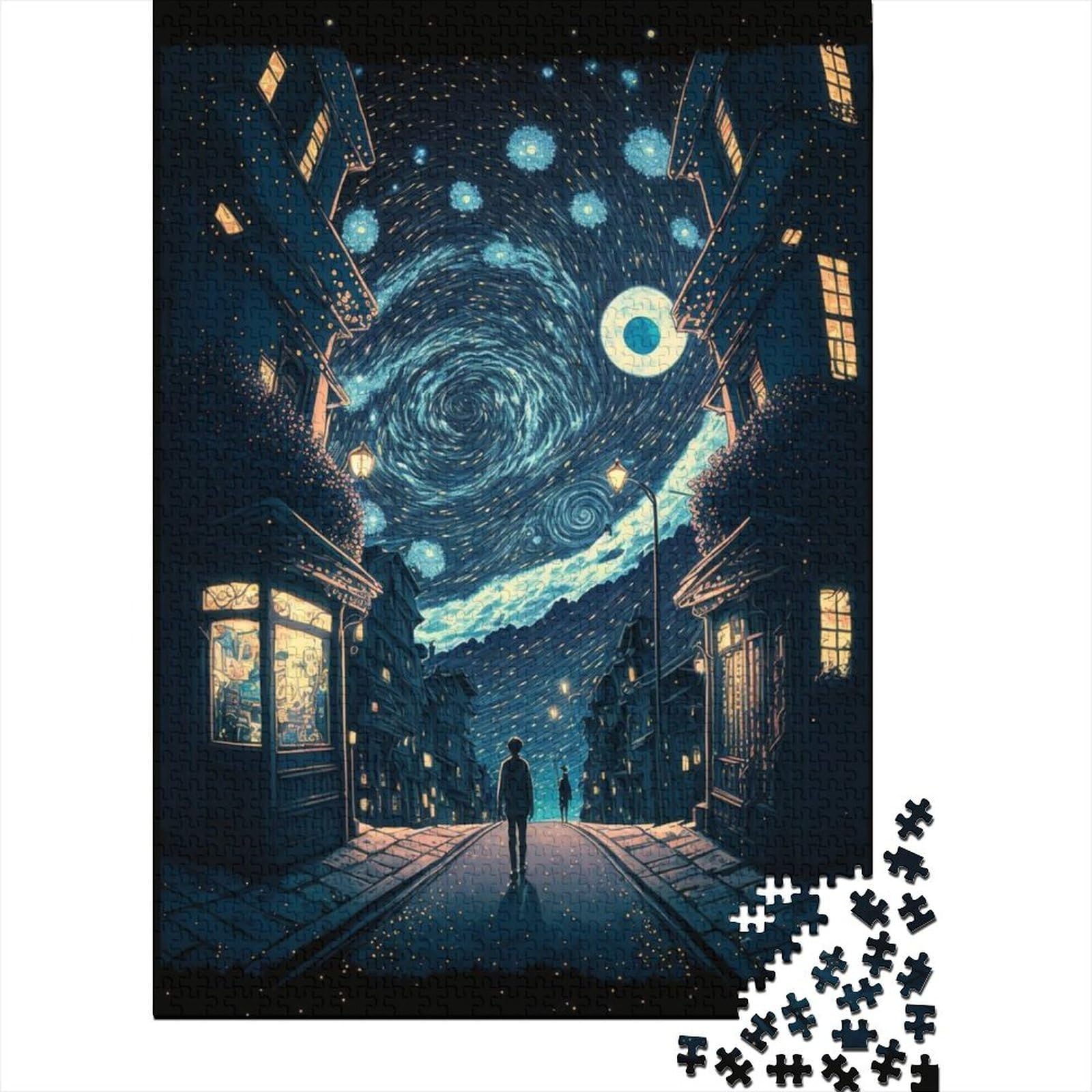 Punk Starry Night Holzpuzzle für Erwachsene, Puzzlespielzeug, schwieriges, anspruchsvolles Puzzle mit 1000 Teilen, mit passendem Poster und Wissensblatt, 75 x 50 cm