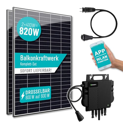 PIANETA Balkonkraftwerk 820W / 800W auf 600w drosselbar 2 x 410w Marken Solar Module, Wechselrichter Hoymiles HM-800 und einer Hoymiles Wlite DTU mit Wifi funktion plus 5 m Schukokabel (820, watts)