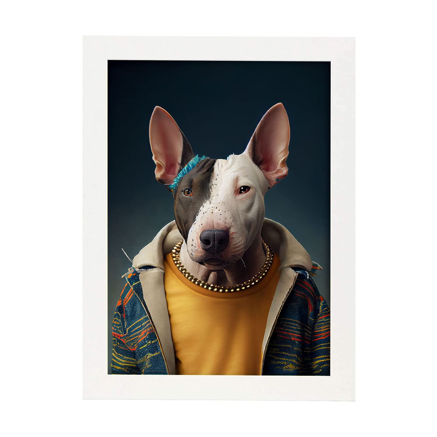 Nacnic Miniatur-Bullterrier in voller Farbe Fotostil. Lustige realistische Illustrationen von Tieren in menschlicher Kleidung. Innenarchitektur und Dekoration. A3 mit weißen Rahmen.