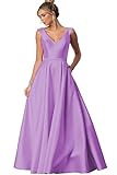 Damen V-Ausschnitt Abendkleid Abschlussball Lang Satin Mutter der Braut Kleid mit Taschen, Wisteria, 42