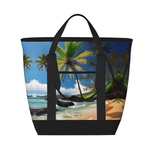 YQxwJL Isolierte Kühltasche mit tropischem Palmenmotiv, Hawaii-Stranddruck, großes Fassungsvermögen, Einkaufstasche, Reisetasche, Strand, wiederverwendbare Einkaufstasche für Erwachsene, Schwarz,