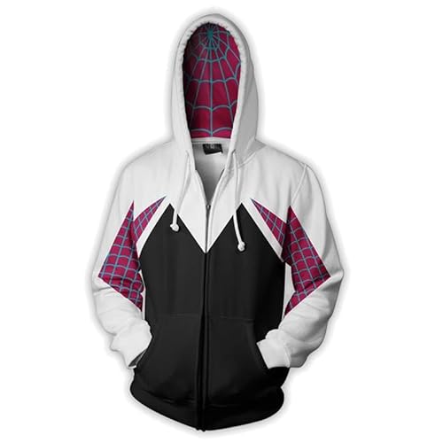 QYIFIRST Unisex Anime 3D Druck Mantel Übergangsjacke Amazing Spider Stacy Kapuzenjacke mit Taschen Weiß XXL (Brustumfang 116cm)