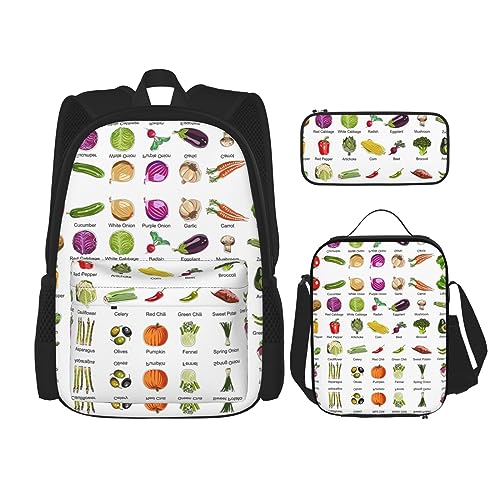 WURTON 3-in-1-Set mit verschiedenen Gemüsesorten, lässiger verstellbarer Schulter-Rucksack, Lunch-Tasche, Federmäppchen, Beutel, Schwarz, Einheitsgröße