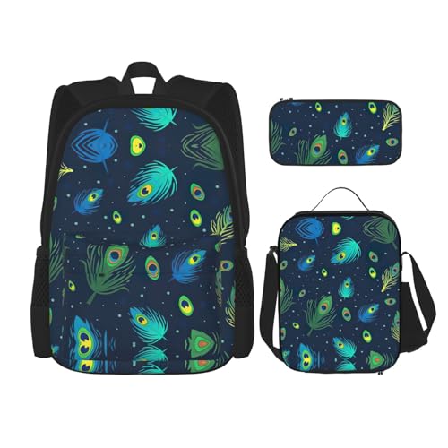 WURTON Schulrucksack-Set mit Pfauenfeder-Druck, 3-in-1-Büchertaschen-Set mit Lunchbox, Federmäppchen, Reise-Laptop-Tagesrucksäcke