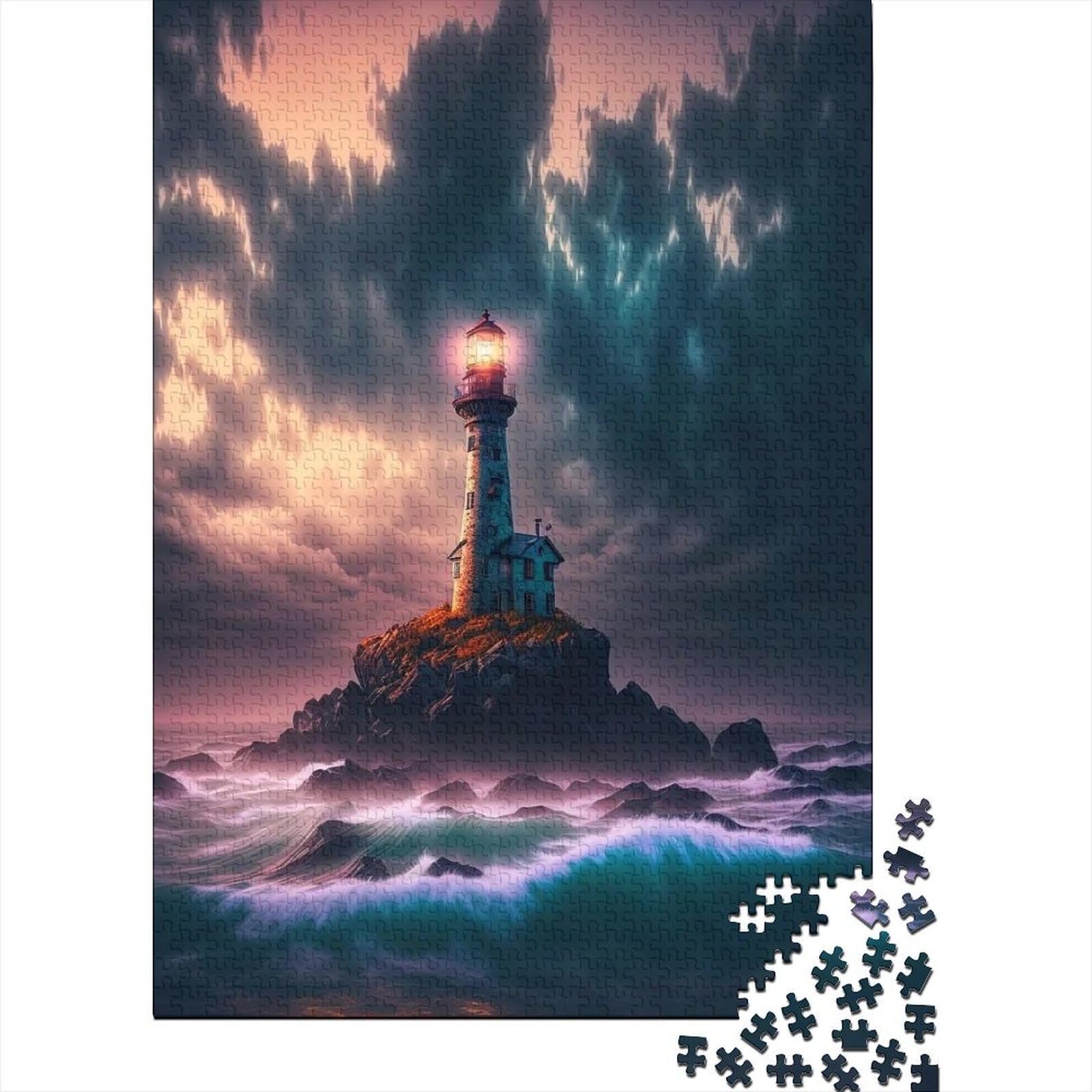 Von einem Leuchtturm umgebenes Holzpuzzle, Puzzle für Erwachsene und Teenager, 1000 Teile, Puzzle für Erwachsene, lustige Familienpuzzles für Erwachsene (Größe 29,53 x 19,69 Zoll)