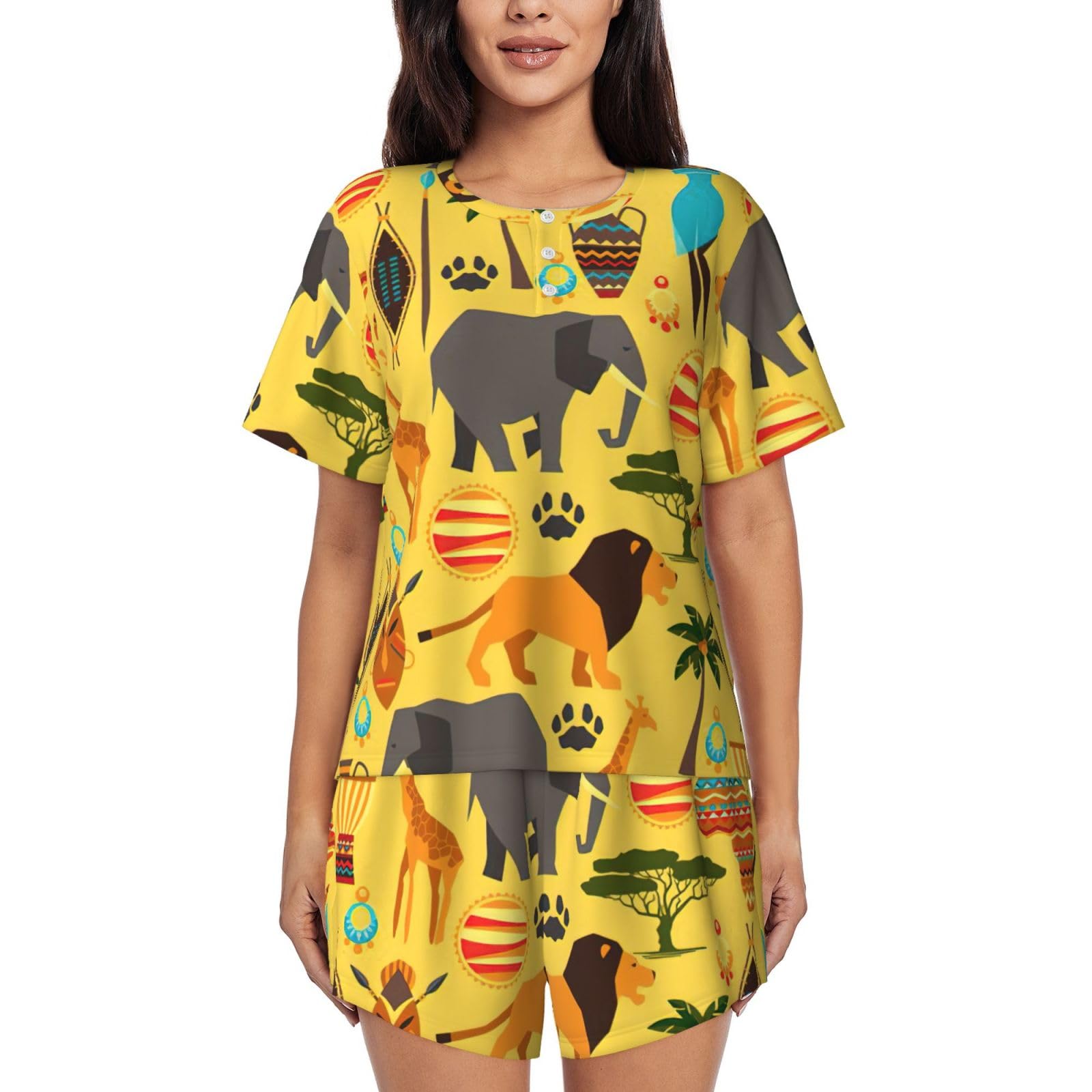 Damen-Pyjama-Set, Motiv: Afrika-Elefant, Shorts, 2-teilig, kurzärmelig, Lounge-Set, Nachtwäsche, lässiger Schlafanzug mit Taschen, Schwarz, 4XL