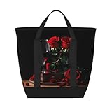 YQxwJL Rote Rose und Wein, romantischer Deko-Druck, großes Fassungsvermögen, isolierte Kühltasche, Einkaufstasche, Reisetasche, Strand, wiederverwendbare Einkaufstasche für Erwachsene, Schwarz,