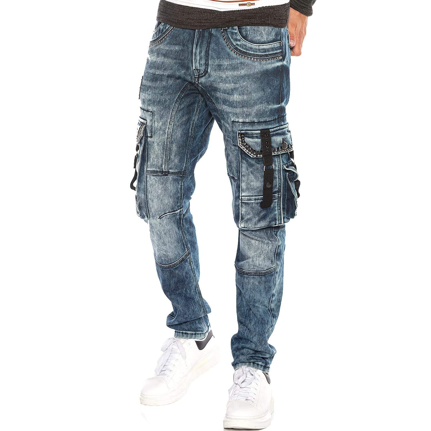 Cipo & Baxx Herren Jeans Hose Straight Fit Nieten Cargo Denim Emblem Regular Pants CD650 Blau W32 L34