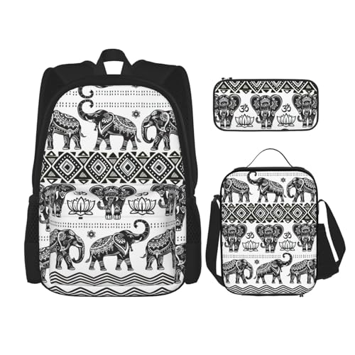 WURTON Böhmisches Elefantenmuster Druck Verstellbare Schultergurte Rucksack Set Mittagessen Tasche Federmäppchen Kombination Taschen Set