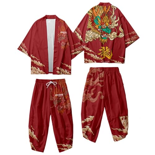 DAYKET Japanischer Kimono-Cardigan-Anzug für Herren Im Chinesischen Stil, Bedruckte Jacke, Hosen-Set, Vorne Offen, Sieben-Ärmel-Oberteil + Hose,Red-5XL