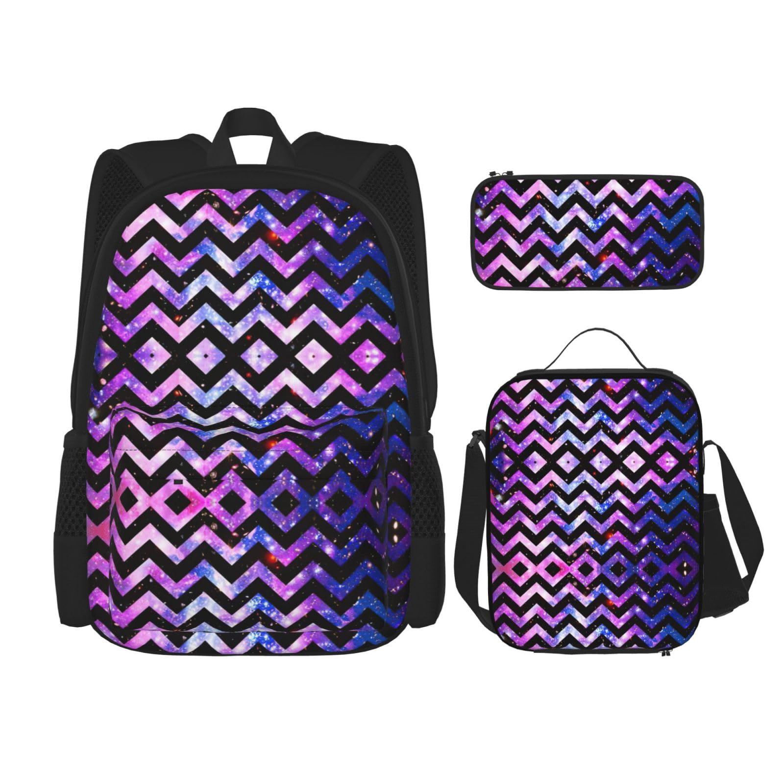 WURTON Galaxy Print Schulrucksack 3 in 1 Büchertasche Set mit Lunchbox Federmäppchen Reise Laptop Daypacks