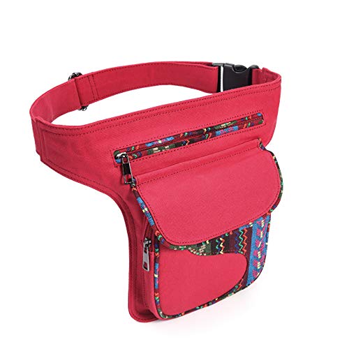 Beintasche Herren Vintage Frauen Taille Tasche Pack Große Kapazität Fanny Pack Stoff Patchwork Beutel Taschenmädchen Verstellbare Gürtelbeutel Motorrad Beintasche(Color:Wine)