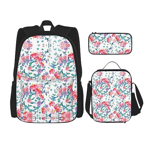 WURTON Romantische, ausgefallene Lunchbox, Federmäppchen, Rucksack-Set, 3-teilig, verstellbare Riemen, langlebig, leicht, Schwarz, One Size