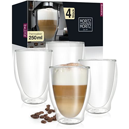 Caffé Italia Milano 4 x 250 ml Doppelwandige Gläser -Thermogläser für Cappuccino Tee Heiß- und Kaltgetränke - spülmaschinengeeignet