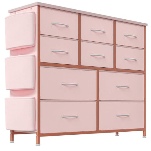 ThinkMax Kommode, Schrank mit 10 Schubladen, Kleiderschrank mit Griffen, mit Seitentaschen aus Stoff, Holztischplatte, Metallrahmen, Minikommode, Sideboard, für Schlafzimmer, Flur, 99x30x89cm, Pink