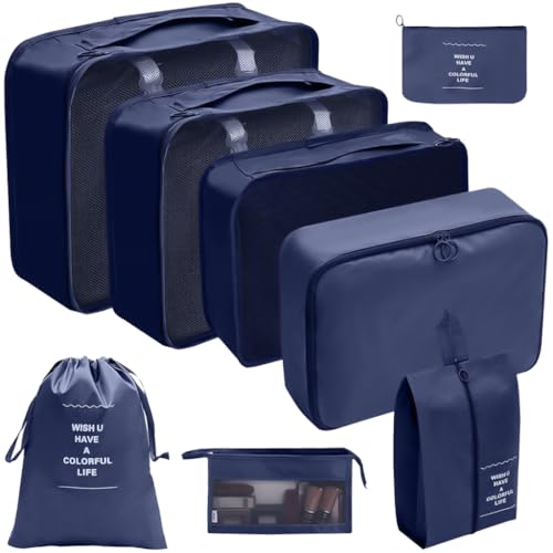 8X/Set Gepäck Organizer Set Koffer Organizer Set Packwürfel Set Kleidertasche Wasserdicht Reise Organizer für Reisen, marineblau