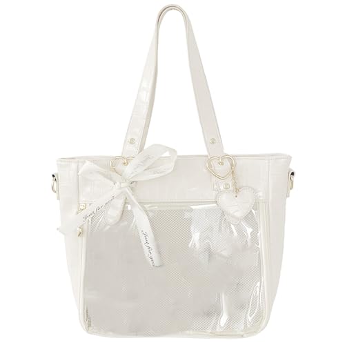 ohodhmnu Damen Tragetasche, modische Achseltasche, japanische Umhängetasche für Mädchen, Frauen, Tragetasche, Umhängetasche, transparent, Reisehandtasche, weiß, with scarf