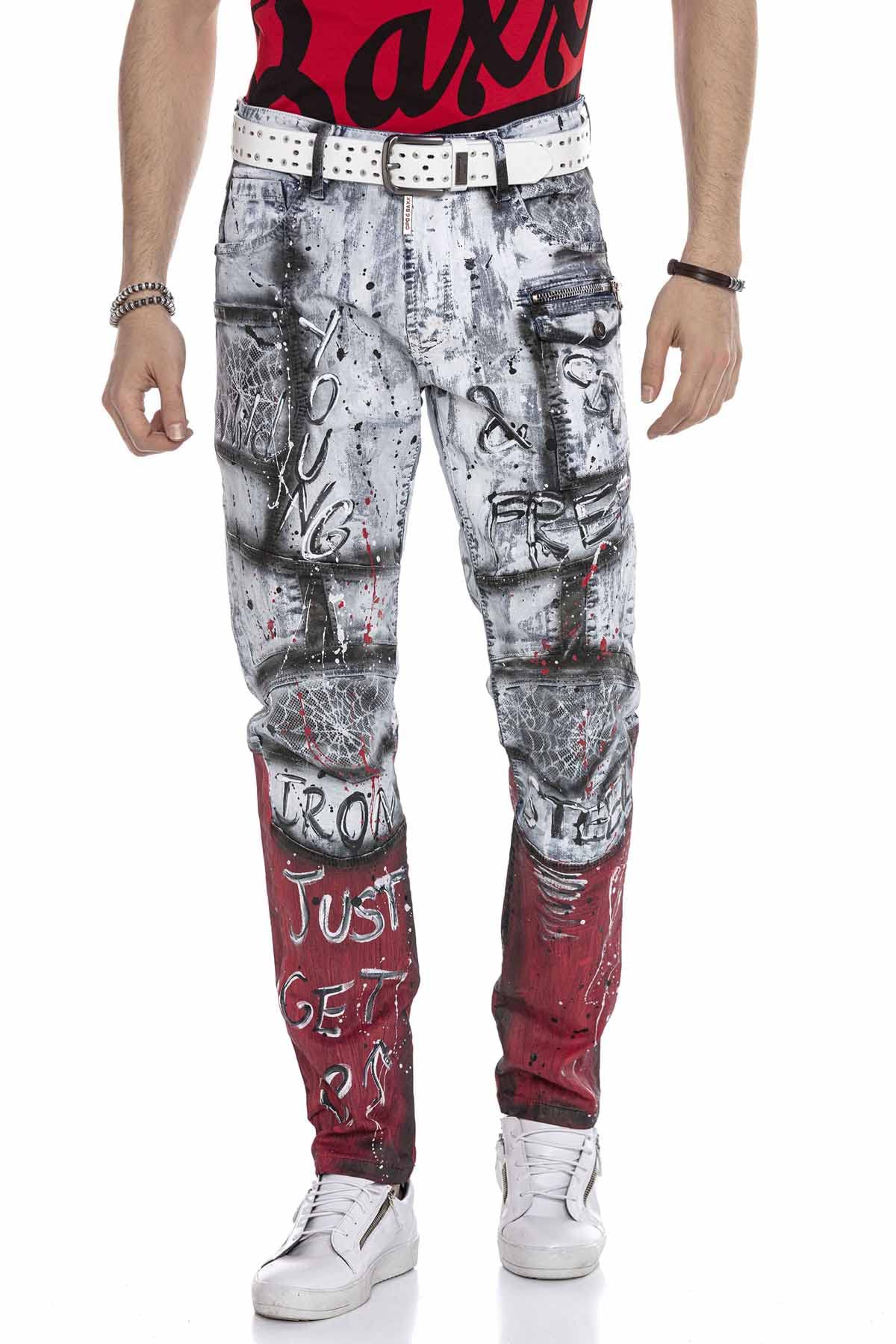 Cipo & Baxx Herren Jeanshose Slim Fit Graffiti Punk Ausgefallen Design Denim Farbverlauf Jeans CD683 Hellblau W38 L32