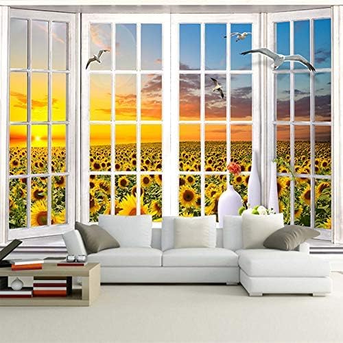 Fenster Sonnenblumen-Szene 3D Tapeten Wanddekoration Fototapete Sofas Wohnzimmer Wandbild Schlafzimmer-250cm×170cm