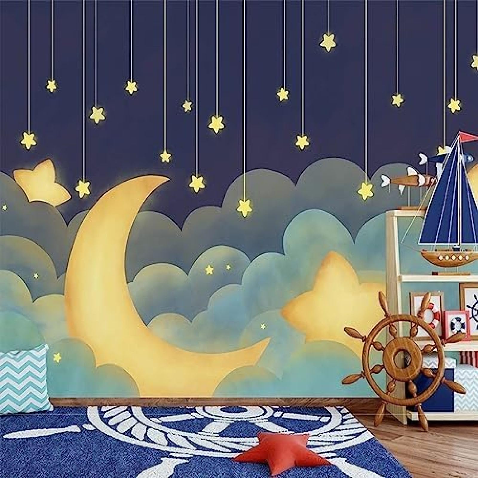 XLMING Handgemalte Sterne Und Mond Cartoon Sternenhimmel Kinderzimmer 3D Tapete Wohnzimmer Sofa Schlafzimmer Esszimmer Home Dekoration Wand-200cm×140cm