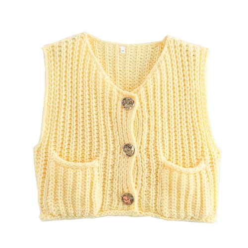 Sweater Vests Women 2024, Women's Button Front V Neck Sleeveless Crochet Solid Checkered Knit Sweater Vest with Pockets (Yellow,Small)