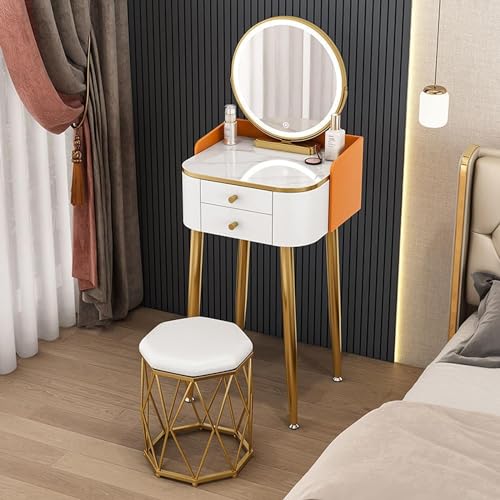 Schminktisch-Waschtisch-Set, moderner Make-up-Schreibtisch mit Hocker, Verstellbarer LED-beleuchteter Spiegel und 2 Schubladen, für Schlafzimmer-Ankleidezimmer, Weiß + Orange, L: 50 cm