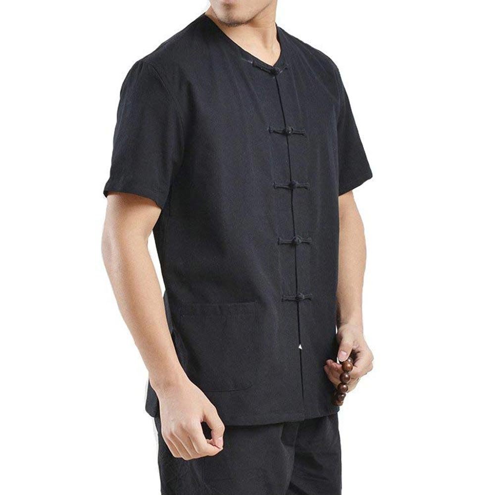 G-LIKE Herren Kung Fu Hemd - Traditionelle Chinesische Kleidung Handarbeit Tangzhuang Stil Jacke Kampfkunst Tai Chi Wing Chun Kurze Ärmel Ohne Kragen Uniform für Männer Frauen (Schwarz, M)