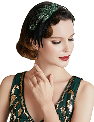 Coucoland 1920s Feder Haarreif Stirnband Damen 20er Jahre Stil Flapper Charleston Haarband Great Gatsby Damen Fasching Kostüm Accessoires (Grün)