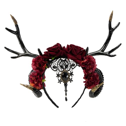 LEJIAJU Fascinator für Damen, Ziegenhorn-Blumen-Haarband mit Geweih für Party, Bühnenauftritte, Haarreif, Erwachsene, Cosplay, Haarband, Karnevalsbedarf