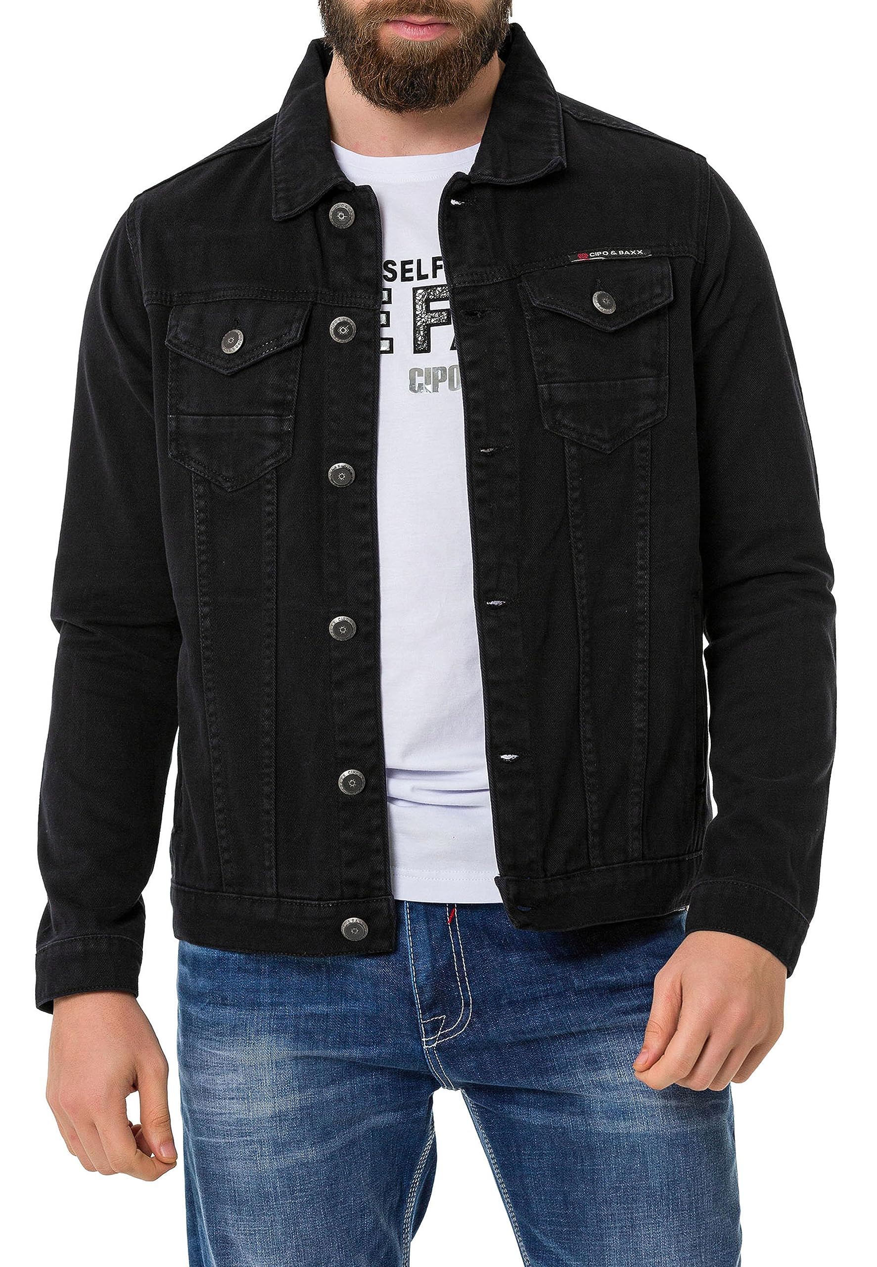 Cipo & Baxx Herren Jeans Jacke Übergangsjacke Baumwolle mit Taschen CJ289 Mattschwarz S