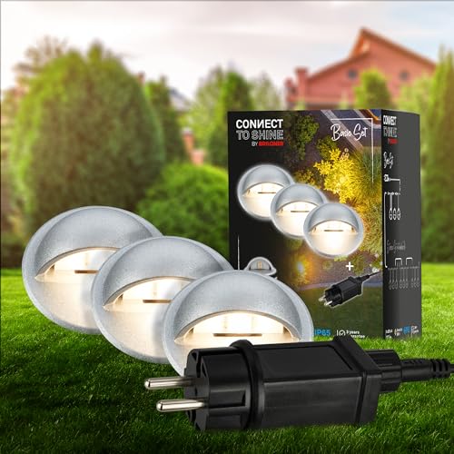 BRILONER - Connect to Shine 12V Gartensystem 3er Set Bodeneinbaustrahler mit Seitenlicht, Basisset mit Trafo, IP65, warmweißes Licht, Gartenbeleuchtung, Bodeneinbauleuchten, 35x36 mm, Silberfarbig