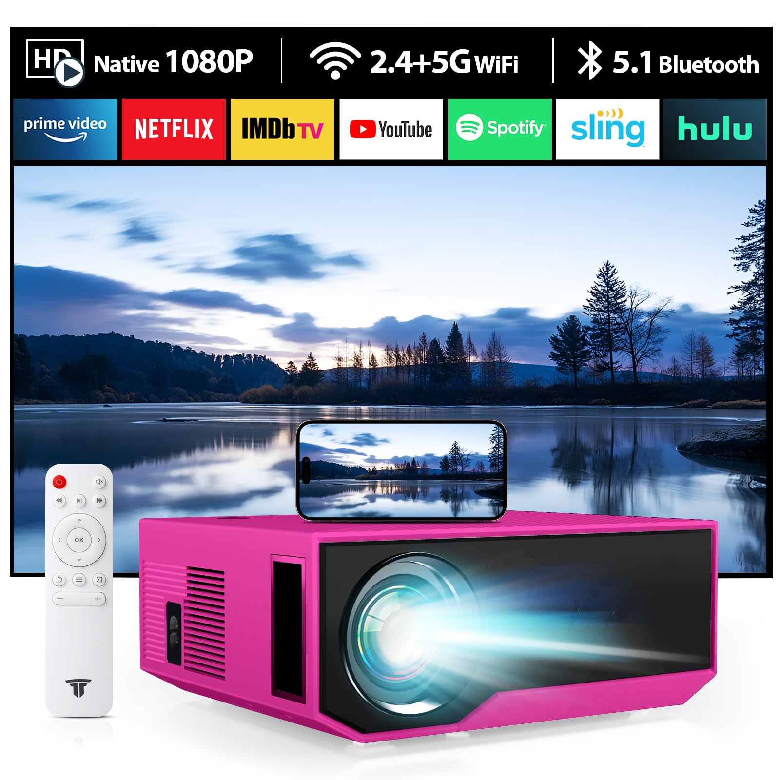 2024 Neuester Projektor mit WiFi Bluetooth, 20000lux 500ANSI Native 1080P Bluetooth Mini Projektor für Outdoor Home Movie 300“, Kompatibel mit iPhone Android/Ipad/Laptop/TV Stick（Rosa）