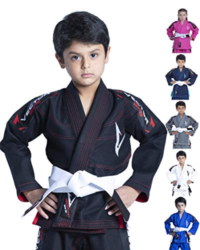 Vector Kids Brazilian Jiu Jitsu (BJJ) Gi mit gratis weißem Gürtel, 100% Baumwolle, Pearl-Weave-gewebter Kimono, Ultra leicht, vorgeschrumpft, Schwarz, K0