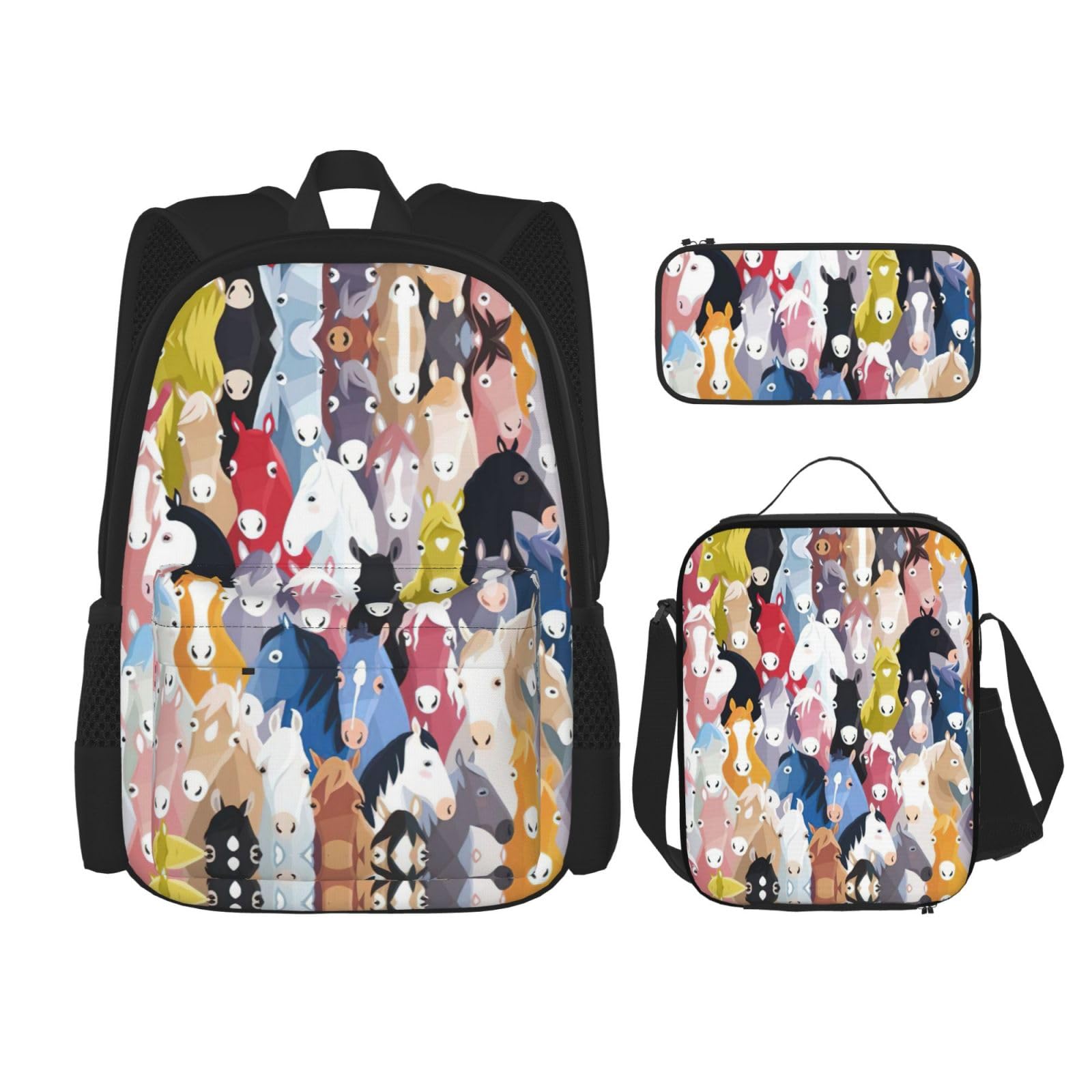 WURTON Bunte Cartoon Pferde Druck Schule Rucksack 3 in 1 Büchertasche Set Mit Lunch Box Bleistift Fall Reise Laptop Daypacks