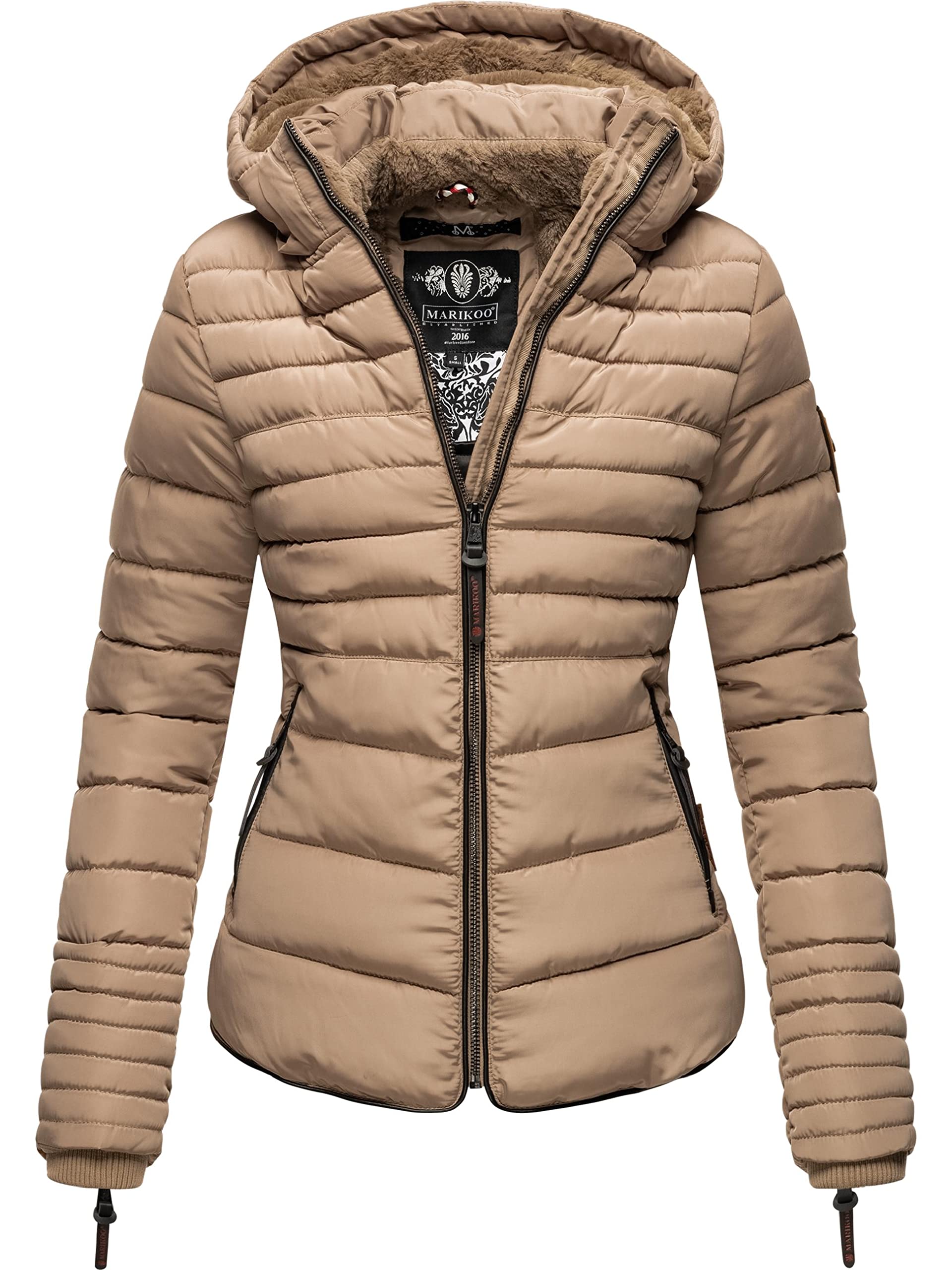 MARIKOO Damen warme Winter Steppjacke mit Kapuze Amber Taupe Gr. L