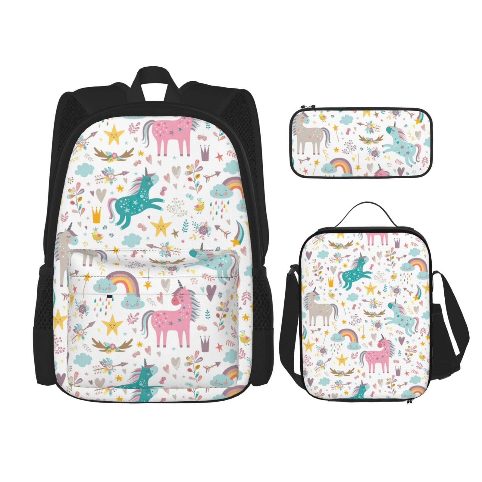 WURTON Einhörner Rosa Druck Reise Lunchbox Federmäppchen Rucksack Set 3 Stück Verstellbare Träger Leicht, Schwarz, Einheitsgröße