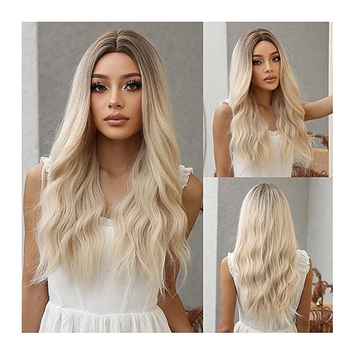 Perücken Platinblonde Ombre-Synthetik-Perücken, mittlerer Teil, Cosplay, lange Platin-Perücke mit natürlichen Wellen, for Frauen, Afro, täglich, hitzebeständig Damenperücke (Color : A)