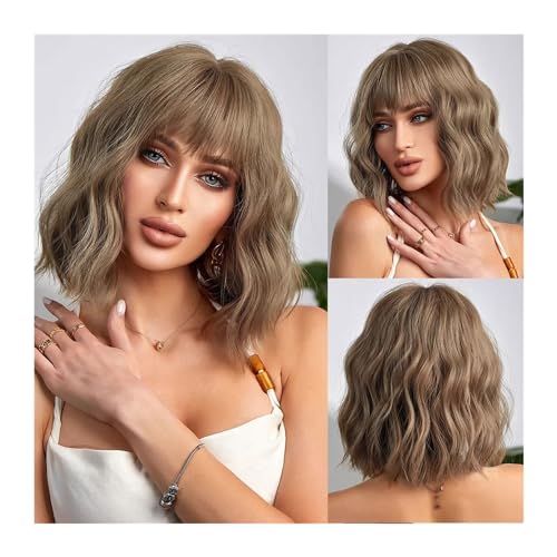 Perücken für Frauen Ersatzperücke for Damen, tägliche Party, 35,6 cm, kurze synthetische Bob-Perücke, gewellt, Ombre-Kupferblond, Haarperücken mit Pony für den täglichen Gebrauch(DE122-3)