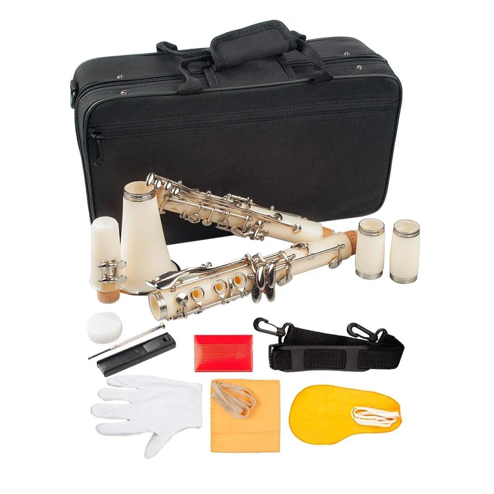 Musikinstrument-Klarinette Professionelle Klarinette 17-Ton Bb flach mit Etui Handschuhe Stoff Rohretui 10 Stück Rohrblätter Farbe weiß ABS + Kupfernickel Material