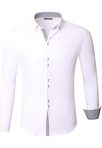 Reslad Herren Hemd Slim Fit l Medford Langarm Männer Business Kontrast Hemden Bügelleicht RS-7117 Weiß 2XL