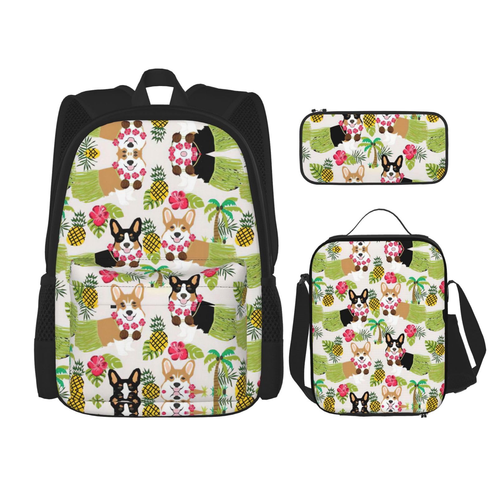 WURTON Corgi Rucksack mit Hawaii-Motiv und tropischem Ananas-Druck, für Mädchen, Jungen, Schultaschen, Teenager, Lunchbox und Federmäppchen, 3-in-1-Büchertaschen-Set