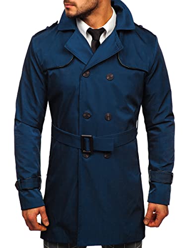 BOLF Herren Mantel Trenchcoat Zweireihiger Reverskragen Herrenmantel mit Gürtel Stehkragen Regenmantel Freizeit Jacke Lange Outdoor Style 0001 Blau(Hell) L [4D4]