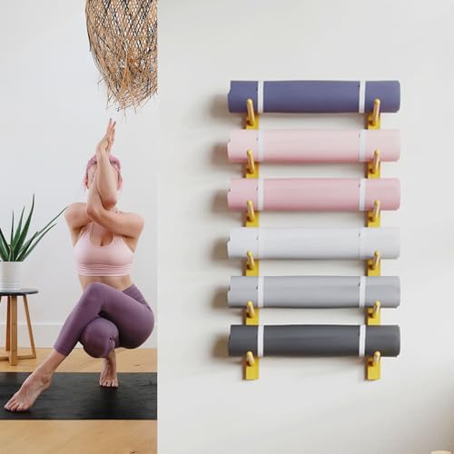 LESBJFDM Wandhalterung für Yogamatten aus Holz – Wandhalterung für Yogamatten mit 6/9 Ebenen – Halterung für Heim-Fitnessstudio-Zubehör – Yogamattenständer