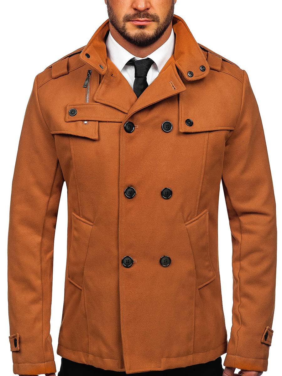 BOLF Herren Mantel Wollmantel Kurzmantel Zweireiher Wintermantel Winterjacke Business Jacket Freizeit Reverskragen Herbst Jacke Mittellang Warm Gefüttert Elegant Style 8857 Camel S [4D4]