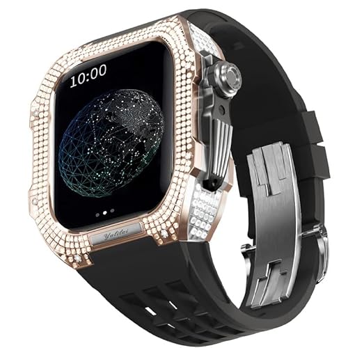 TONECY Uhren-Modifikationsset für Apple Watch 6 5 4 SE 44 mm Titangehäuse + Viton-Armband, Luxus-Gehäuse und Armband-Modifikationsset (Farbe: Schwarz 4, Größe: 44 mm)