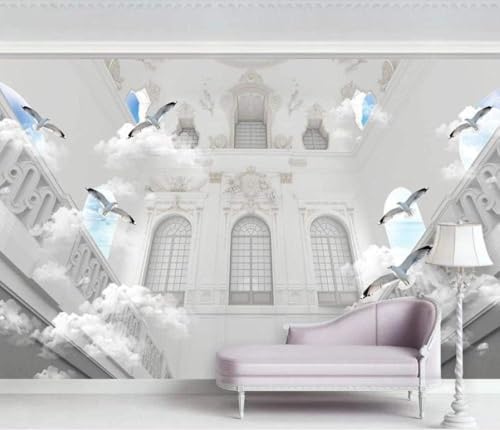 Blauer Himmel Weiße Wolken Vögel Gebäude 3D Tapete Poster Restaurant Schlafzimmer Wohnzimmer Sofa TV Dekorative Wand-350cm×256cm