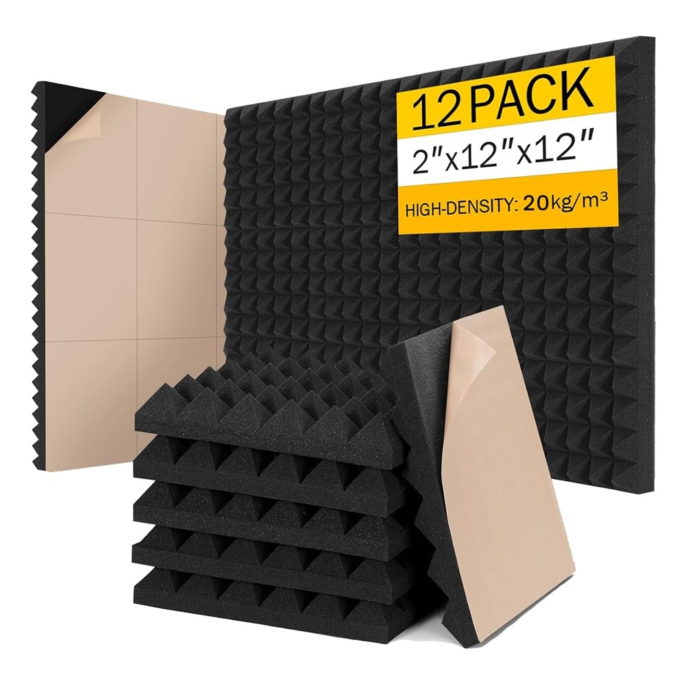 Kiudduy 12er-Pack Schalldichte Schaumstoffplatten für Wände, 2 X 12 X 12, Schalldichte Wandpaneele mit Hoher Dichte, Selbstklebend, Schnell Ausziehbar